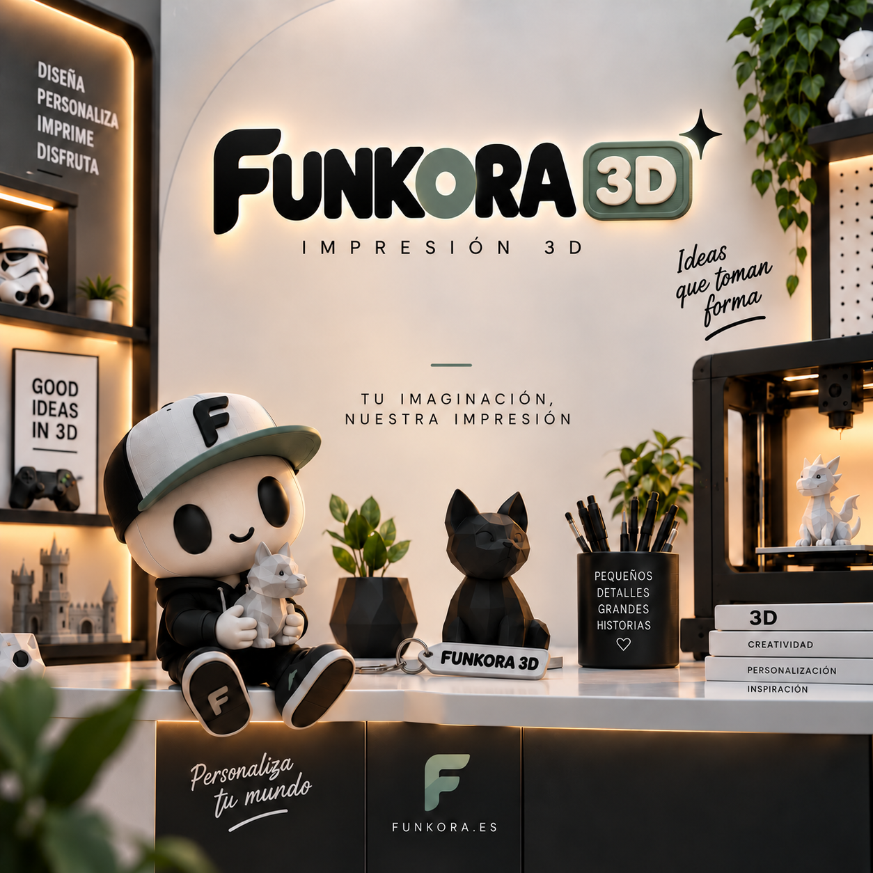 Universo visual de Funkora 3D: el muñeco de la marca en un taller cálido con figuras, plantas y una impresora 3D
